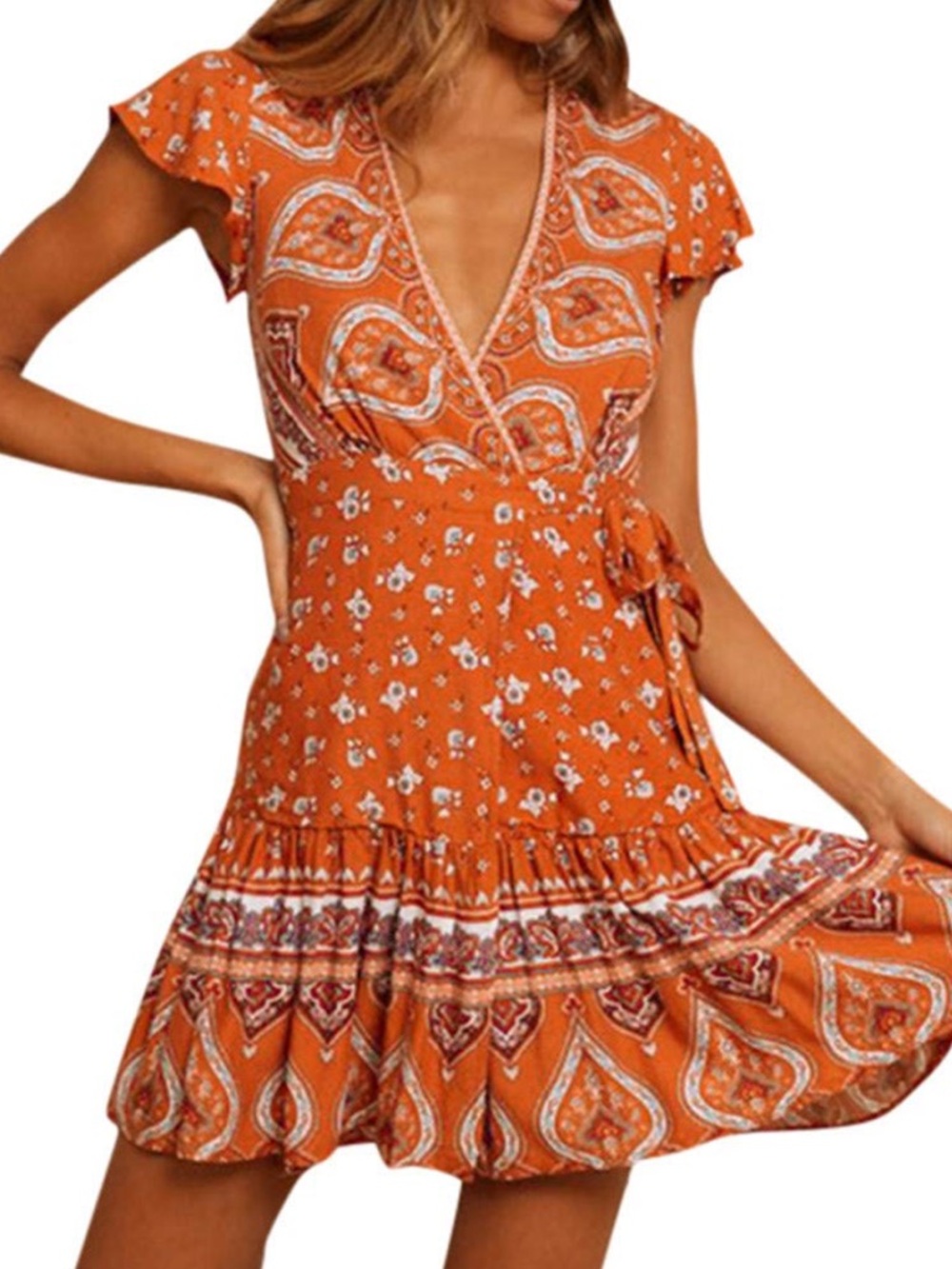 Orange Boho Wrap Dress - Unbranded